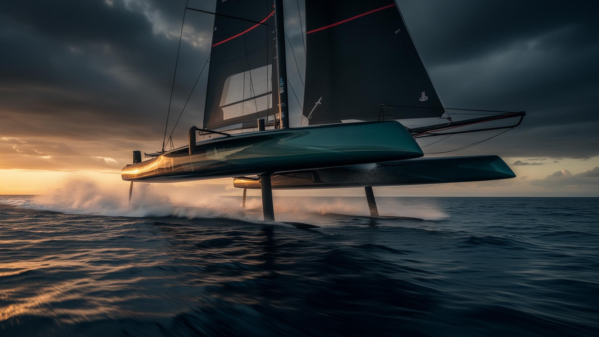 AC75 foiling sailboat racing at sunset